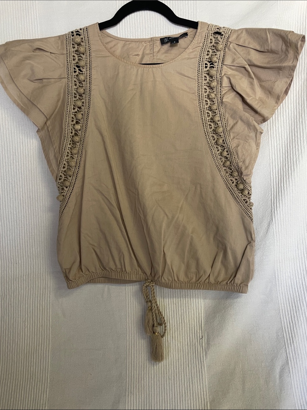 INC International Concepts Taupe Crochet-Trim Drawstring Flutter Top